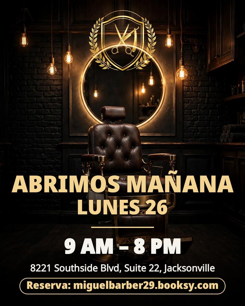Promoción real de Miguel Barber publicada en Booksy: barbería premium en dorado y negro con horario y enlace de reserva